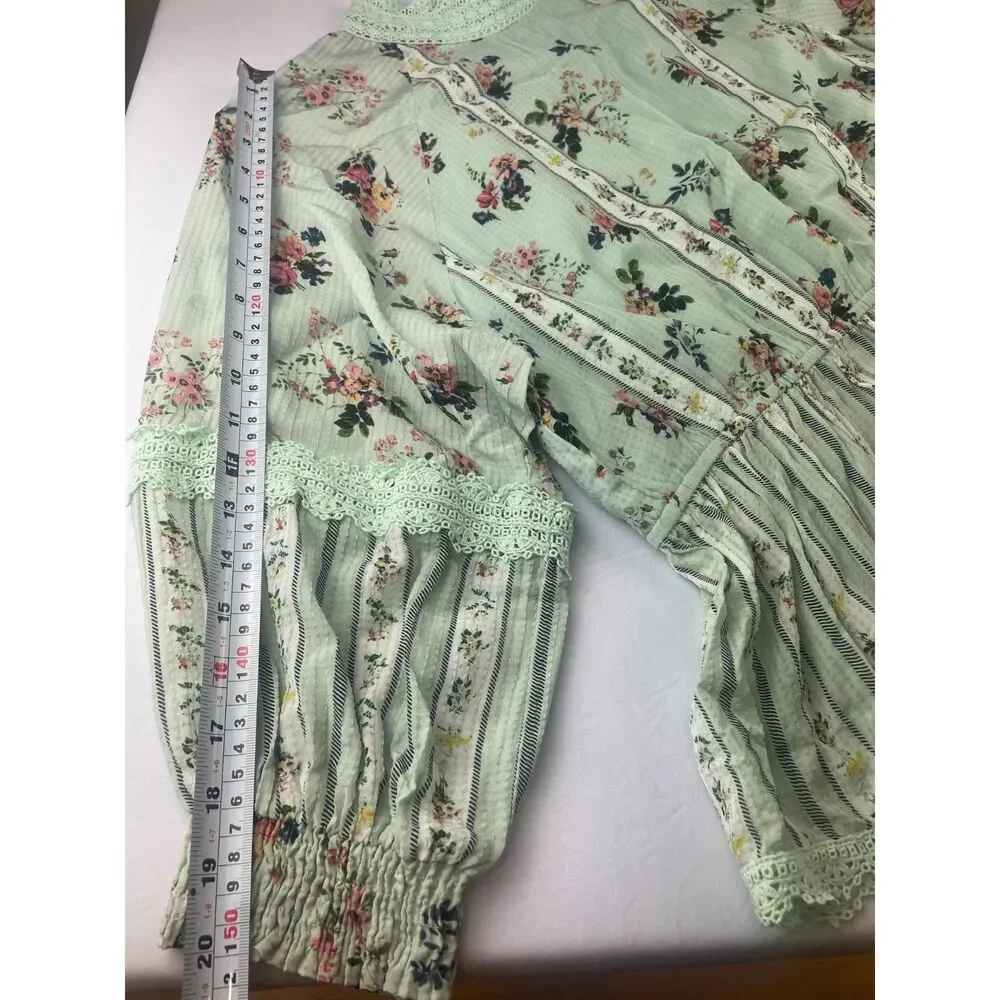 ~ Anthropologie XL Hemant & Nandita Blouse Floral Mint Lace Aqua Green Elastic - Picture 16 of 16